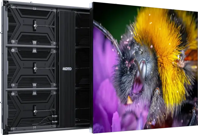 Front and rear view of an AOTO AF Series outdoor LED cabinet