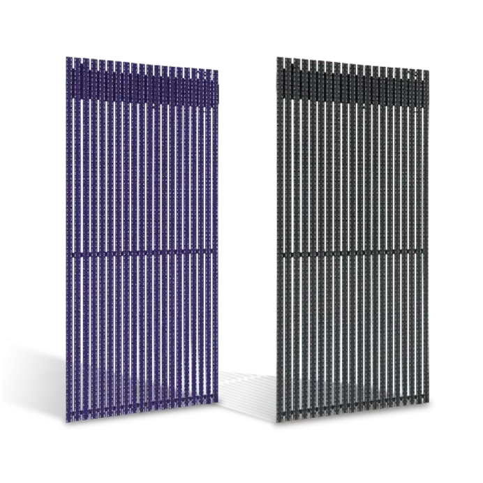 Front and rear view of an LED Studio FORTIS Mesh transparent display panel