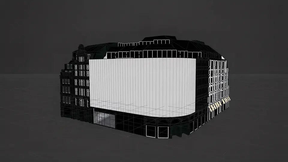 A 3D model of a corner building with a large curved screen across its façade, used to plan a display