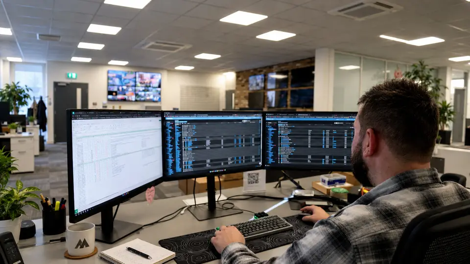 An engineer monitoring systems on three desk screens in an operations room, with more monitors on the wall behind